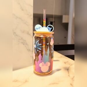 Disneyland Magic Kingdom Glass, bamboo lid Top,  Mickey Ears topper, and straw